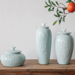 Hạt đậu xanh khắc chim và mô hình hạt sen thanh lịch bán buôn <span class=keywords><strong>Cookie</strong></span> <span class=keywords><strong>Jar</strong></span> Oriental trang trí nội thất gừng <span class=keywords><strong>Jar</strong></span> với nắp chim - Product Image 4