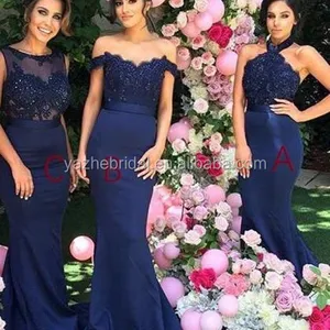 Gaun Pendamping Pengantin Satin Bahu Terbuka, Gaun Pengiring Pengantin Panjang Renda Biru Dongker untuk Pengiring Pengantin Wanita