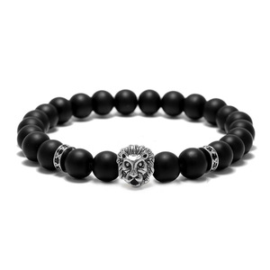 Pulsera con cabeza de león de plata antigua para hombre, espaciadores de macramé, cuentas de ágata negra de ónix mate, Estilo libre