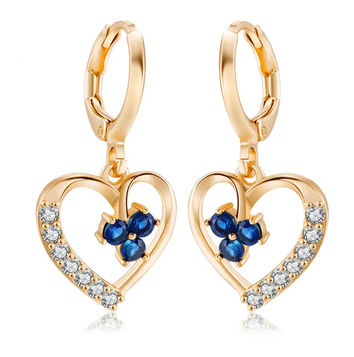 Heart Shape Hoop Earring Inlaid 3 Pcs Cubic Zirconia Women's Gender Blue , Pink , Black Gemstone Best Wedding Gift