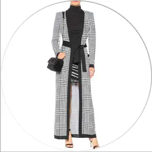 C1083 Wholesale 2024 High Quality Rayon Women Long Sleeve Luxury Black White Swallow Gird Jacquard Weave bodycon Maxi Coat