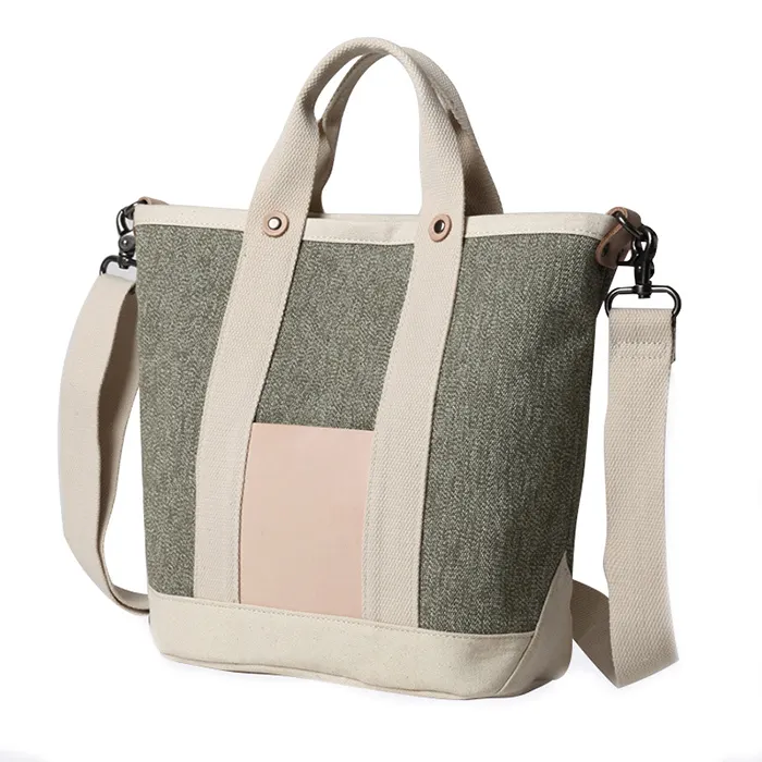 Environmental Vegetable Tanned Leather Canvas Swiss Army Shoulder Bucket Bag Wholesale Vintage Canvas Shoulder Women Tote bag