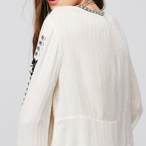 Autumn <strong>Tunic</strong> for <strong>Ladies</strong> Long Sleeve Linen Cotton Top with Embroidered Floral <strong>Pattern</strong> Pleated Ivory Boho Office Casual Blouses - Product Image 4