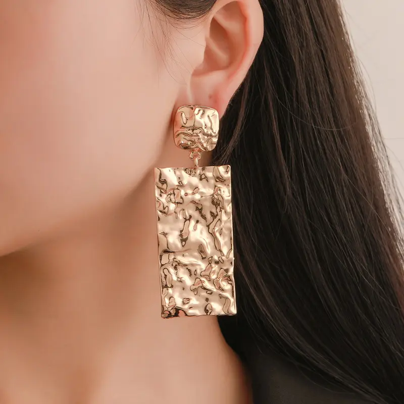 무료 샘플 이베이 뜨거운 간단한 로즈 골드 접이식 금속 기하학 귀걸이 직사각형 드롭 귀걸이 여성