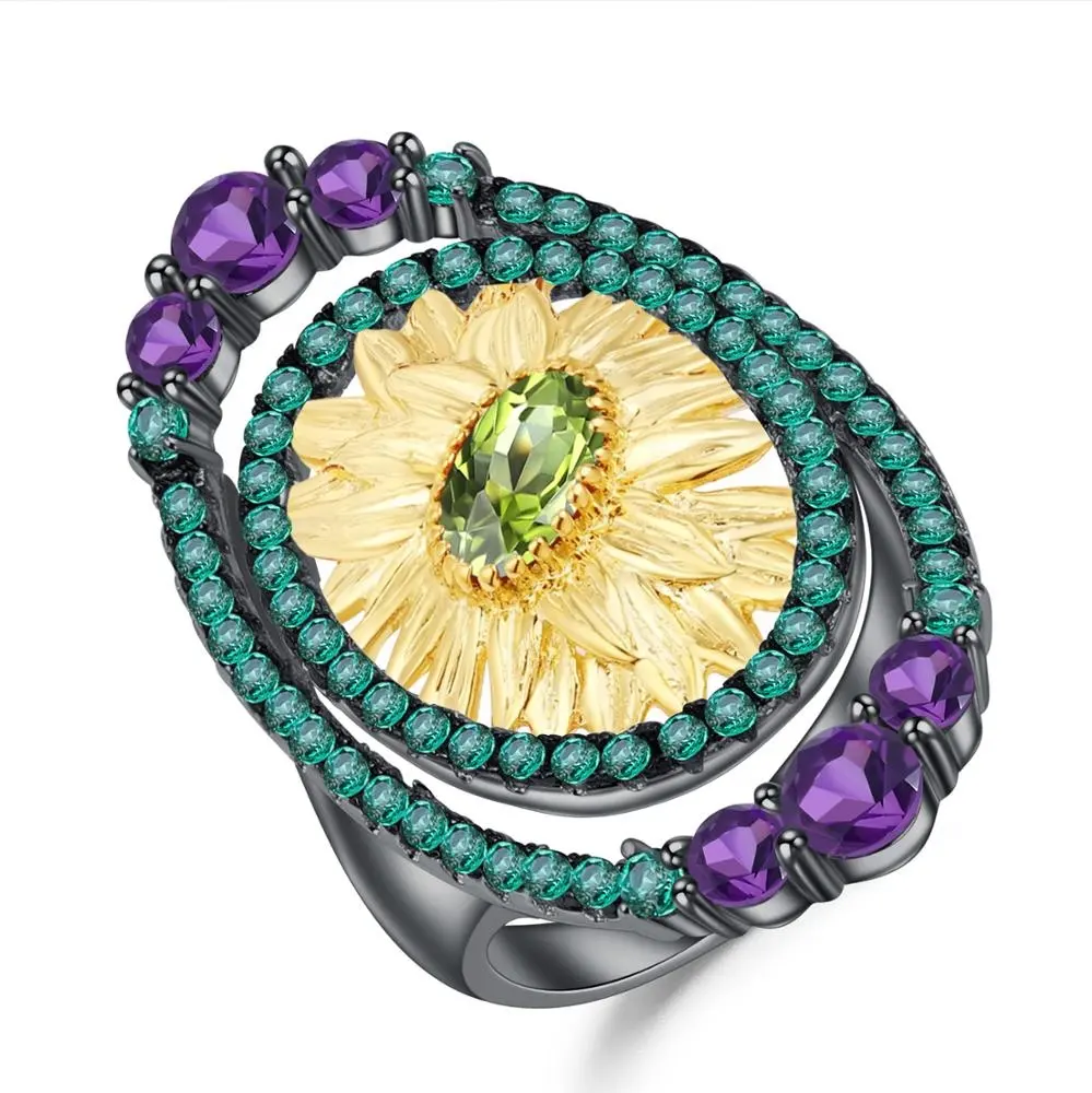Sedang Bergaya Alami Peridot Bunga Matahari Klasik Perak Murni Perhiasan Cincin untuk Wanita