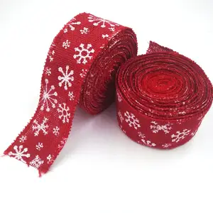 Dyed Red Color Snowflake Printed Natural Hemp Burlap Jute Christmas Theme Wired Ribbon for Christmas Party Gift Wrap Decorations