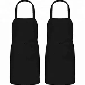 Hot sale black white bib apron 3-pockets mjs 100% spun polyester apron with ties for commercial restaurant kitchen