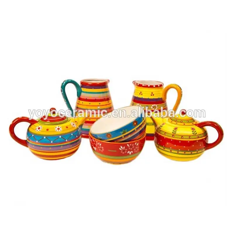 El zanaat renkli seramik demlik ve Wate Pot çay takımları el yapımı