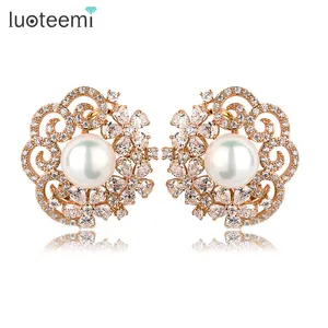 LUOTEEMI Quality Wedding Jewelry Trendy Stylish Champagne Gold Plated CZ Women Girl Valentine's Day Gift Earring Designs