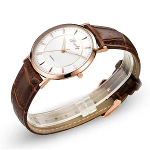 Los hombres elegante oro mano de cuero genuino reloj movimiento Japón Mov no reloj de acero inoxidable en Stock