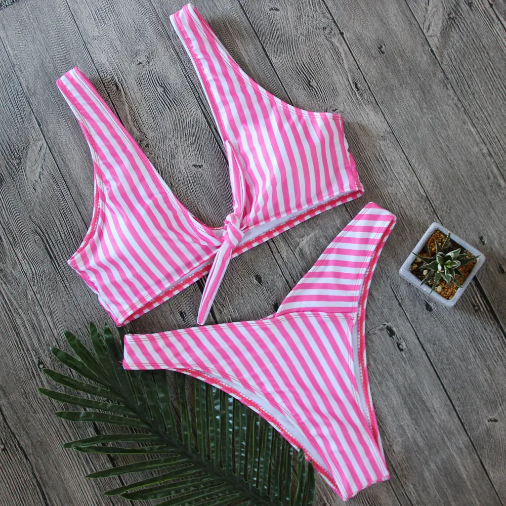 Real Photo knotted Pink Striped Bikini Women Crop Top Brazilian Bottom Sexy Women's Swimsuit Vest Beach Bather Bikini