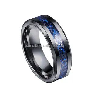 Anillos celtas de acero inoxidable con bordes biselados, diseño de dragón azul y negro de 8mm, joyería, banda de boda para hombre