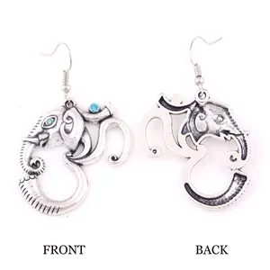 E306 Huilin Jewelry Antique Silver OM Hindu Ganesh Elephant Pendant India Yoga Religious Amulet Earrings