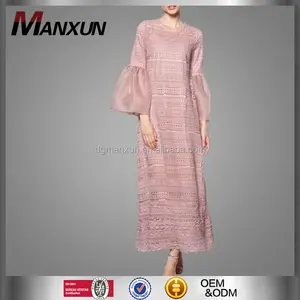 Yeni Tasarım Pembe Renk Organze Puf Kollu Bayanlar Uzun Dantel akşam Elbise Kadınlar Müslüman Elbise