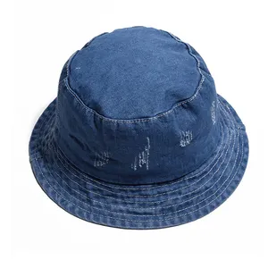 Topi Bucket Denim dicuci kualitas terbaik topi matahari nelayan katun lebar topi pria musim panas kosong pantai