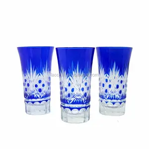 雕刻蓝色玻璃杯日本廉价清酒玻璃杯手工切割透明雕刻小眼镜120毫升4盎司批发