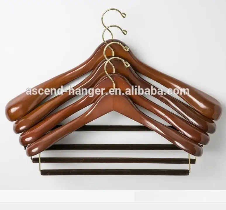 Groothandel Bulk Top Gouden Haak Brede Schouder Houten Kledingstuk Kleerhanger Bedekt Fluwelen Broek/Broek Bar