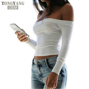 T-Shirt da donna con spalle scoperte <span class=keywords><strong>Top</strong></span> corto da donna a manica lunga tinta unita con collo corto in cotone T-Shirt - Product Image 1