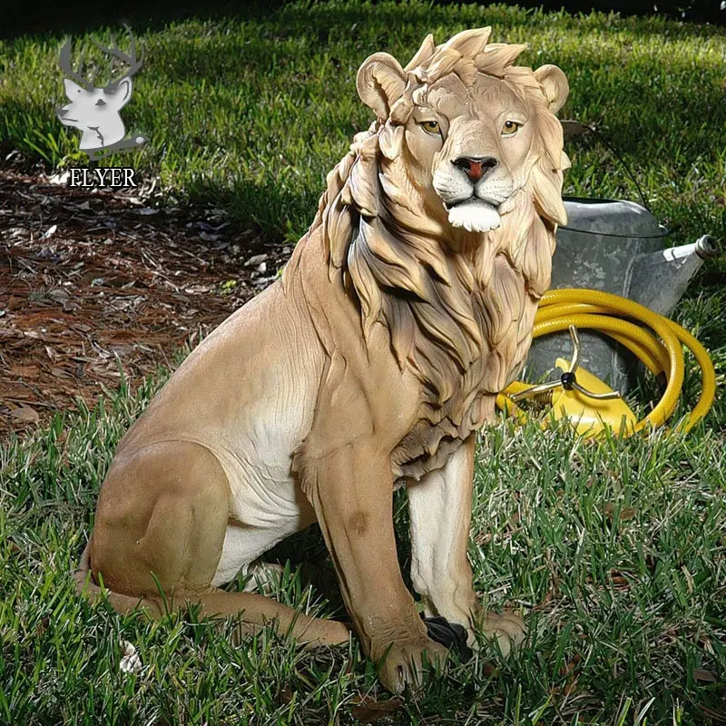 Estátua de leão em fibra de vidro para decoração de parques temáticos de animais ao ar livre escultura em resina de leão