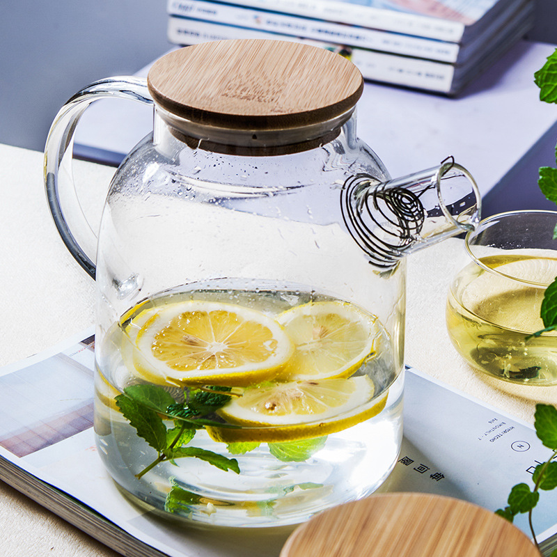 Heat Resistant Borosilicate Glass teapot Water Pitcher/Carafe/Jug with fiflter and Bamboo Lid