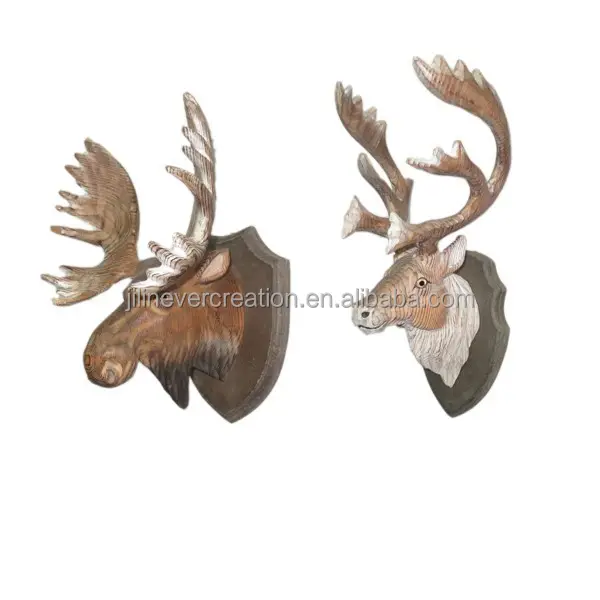 hot sale natual 3d hand carved wooden animal deer head for home decoration