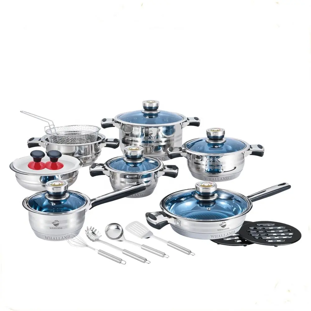 Blue Glass Lid 18 10 Stainless Steel 22pcs Casserole Cooking Pot Set Stainless Steel Non Stick Cookware