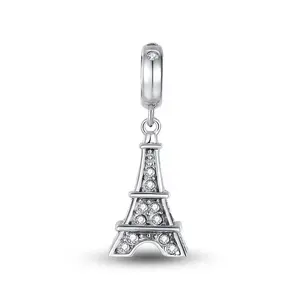 Colgante de plata de ley 925 para pulsera de cuero, cadena de serpiente, Torre Eiffel