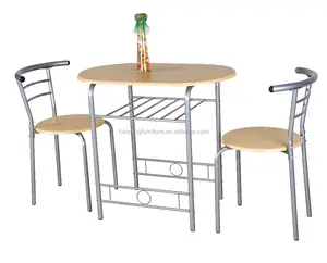 Metal frame 3 piece kitchen breakfast wooden bistro dining table and chair set