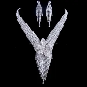 最新时尚欧洲亚洲新娘珠宝流苏夸张银水晶珠宝套装