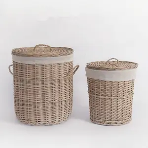 Vente en gros Fait à la main Grande doublure en tissu Saule rond Jouet pour bébé Panier à linge sale Rangement Linge Panier en osier avec couvercle