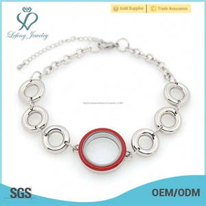 Exclusivo design de moda 7 + <span class=keywords><strong>2</strong></span> polegada stainless steel chain link bracelet red top esmalte floaitng medalhão jóias pulseira - Product Image 1