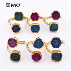 WT-R119 Adjustable Gold <strong>Stone</strong> <strong>Ring</strong>, Double Druzy Geode <strong>Ring</strong>, Druzy Jewelry Gold Plated <strong>Ring</strong> <strong>Two</strong> Stones <strong>Ring</strong> - Product Image 2