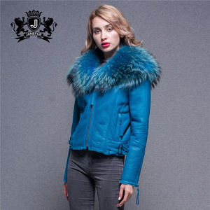 Super Large Raccoon <strong>Fur</strong> Collar <strong>Jacket</strong> Real Lamb <strong>Fur</strong> <strong>Lined</strong> Sheepskin Leather Coat for Women - Product Image 4