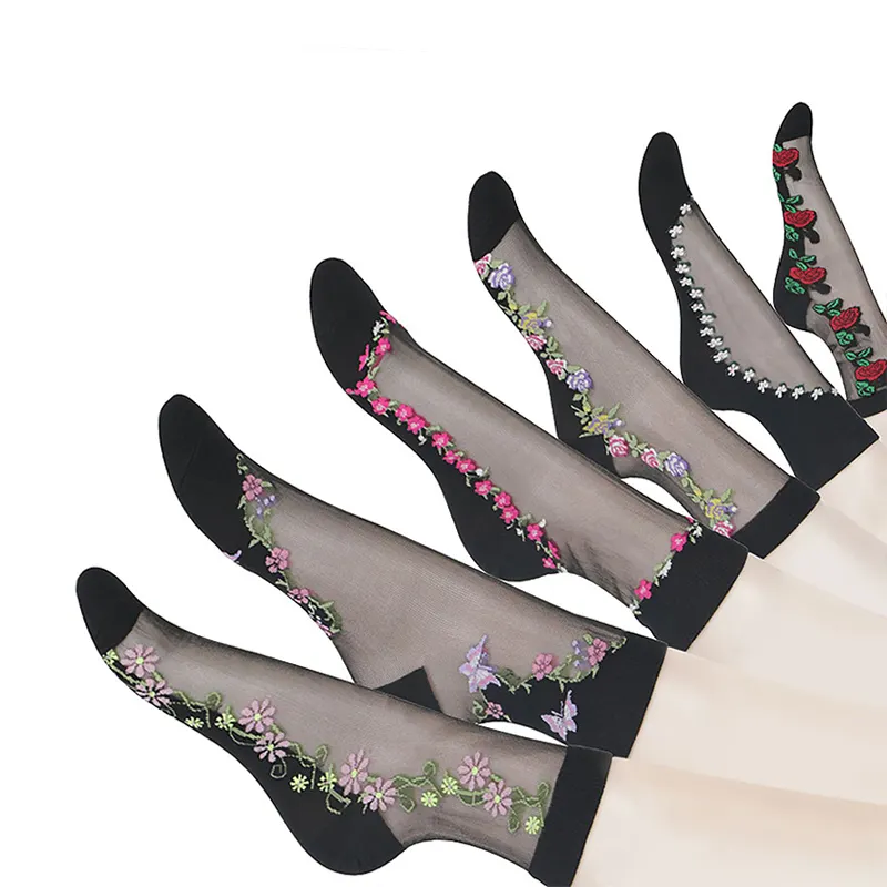 Fashion flower design crystal sheer socks women nylon silk socks for sale