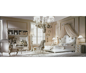 Lovely Princess Bedroom Furniture Set with Bed Crown, Elegant Design Floral Bed and Chair Furniture Set