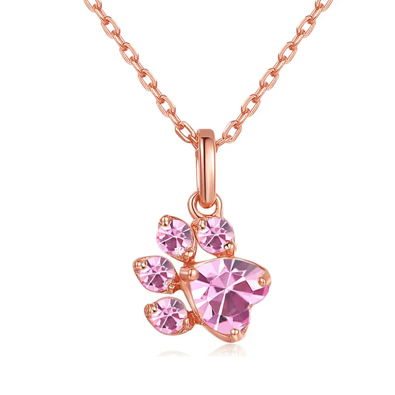 GT01 925 Sterling Silver Jewelry Rose Gold Plated Cat Dog Paw Gemstone Rose Quartz Chain Necklace