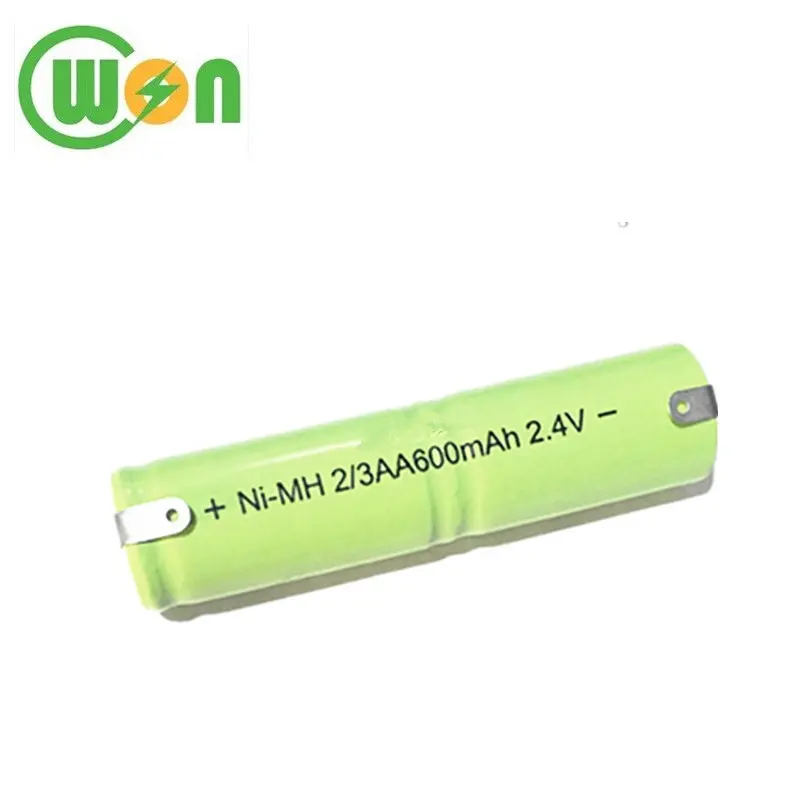 Ni-mh bateria recarregável 2.4v 2/3aa, bateria de 600mah nimh com contatos de soldagem para barbeador elétrico