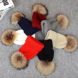 冬季针织豆豆帽子-女式真毛皮-浣熊真毛球冬帽高品质帽子