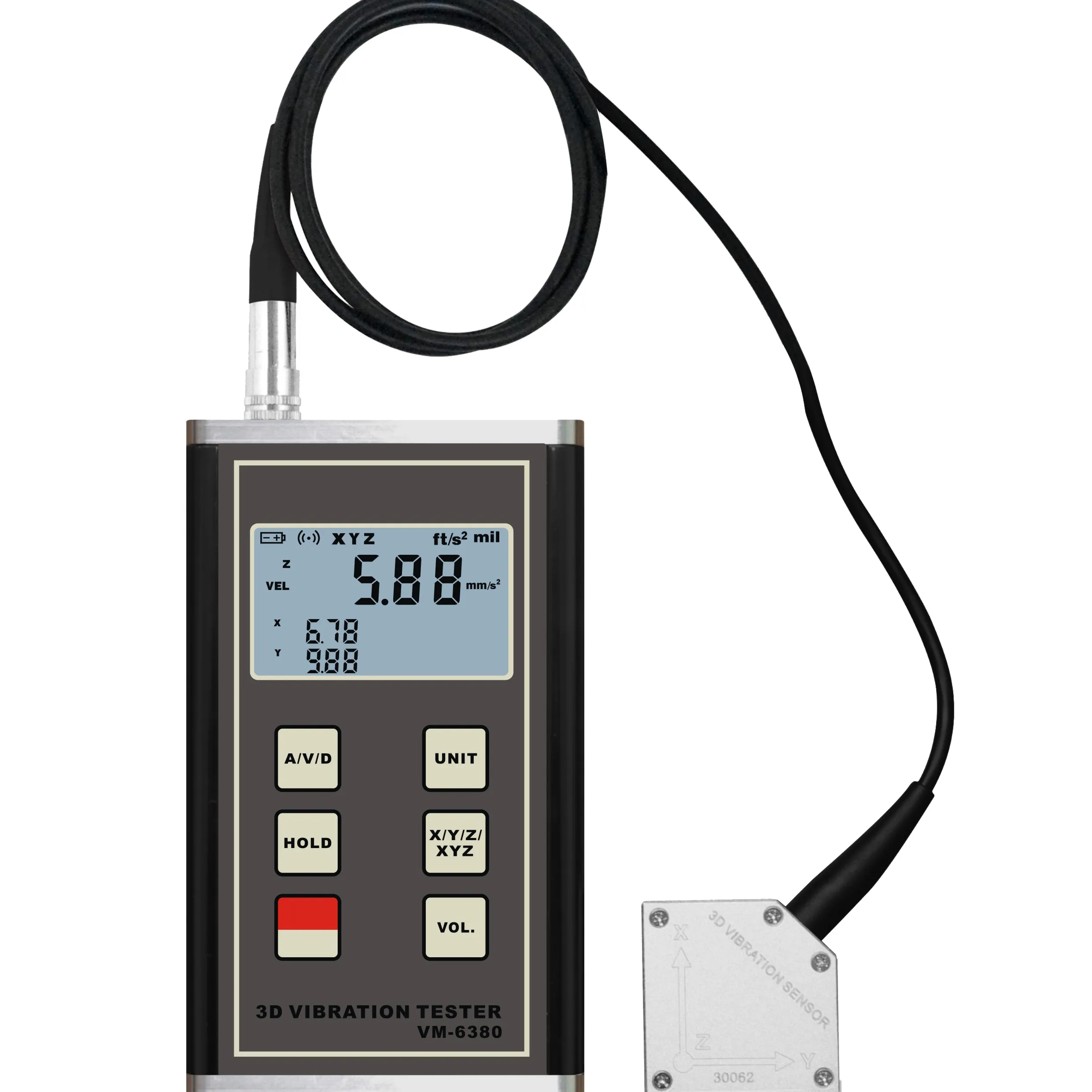 Sensor Transduser Piezoelektrik Baru dan VM-6380 Pengukur Getaran 3 Sumbu Portabel Akurasi 2 Digit Membaca 5%