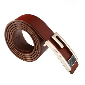 Full Grain Leather Plate Buckle Metal Gold Buckle 100% Leather Belt For Business Man