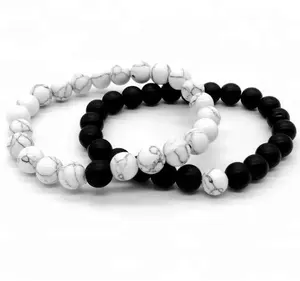 Men Women Classic custom white and black natural stone bead couple bracelet
