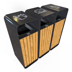 Poubelle de recyclage rectangulaire intelligente à 3 compartiments pour parc extérieur, en bois et métal, industrielle, <span class=keywords><strong>60</strong></span> <span class=keywords><strong>litres</strong></span> - Product Image 3