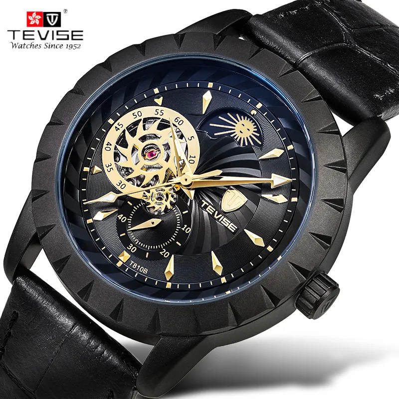 Tevise T810B Casual Men's Gold Dial Analog Black Leather Band Men Dress Wrist Watch