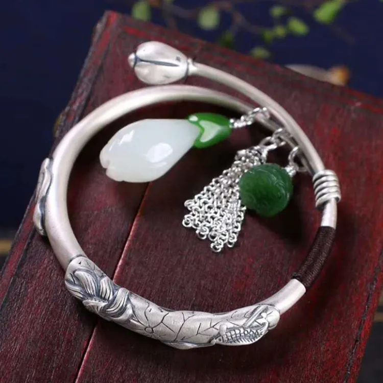 Pulseira de pedra natural masculina, bracelete com pedra natural, prata de lei 999, calçado, jade yulan, magnólia, pulseira feminina