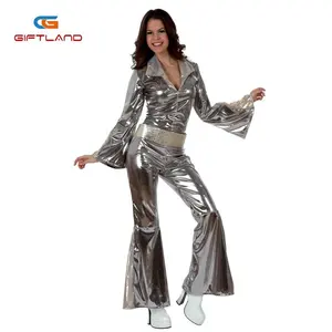 女性70年代迪斯科连身衣银色女性派对闪亮舞蹈服装