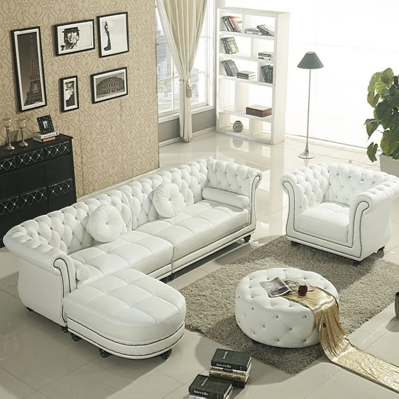 Vendita calda Moderno Bianco Divano In Pelle Set di Mobili Chesterfield 321 Divano in pelle Soggiorno Divani