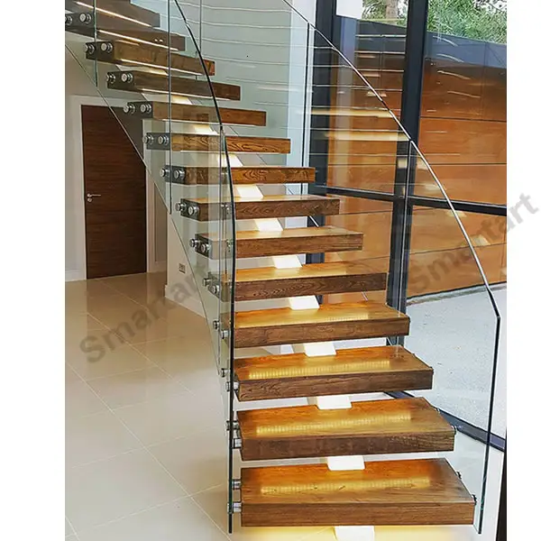 Etapas De Madeira Escadas De Madeira De Aço inoxidável Com Vidro Temperado Interior YG9001-19e