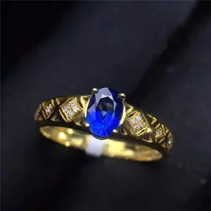 Cincin Safir Biru Alami untuk Wanita, Berlian Asli Afrika Selatan Emas 18K