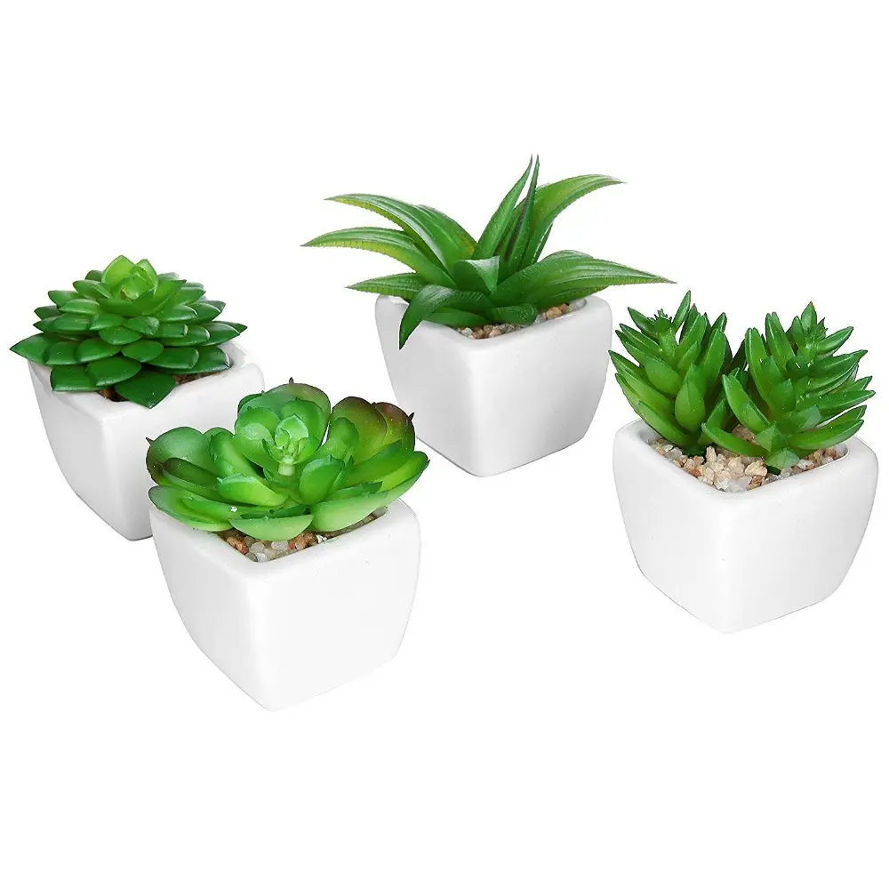 Mini plantas artificiales falsos de plástico verde flor colorida con gris olla para la decoración del hogar