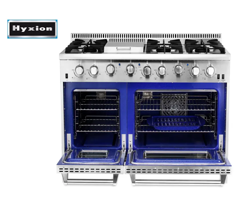 Hyxion-cocina de pie libre de 48 pulgadas, 6 quemadores, gamas de Gas con horno de parrilla